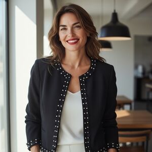 Newport News Black Lightweight Jacket with Ribbon Tulle and Gray Pearl Trim